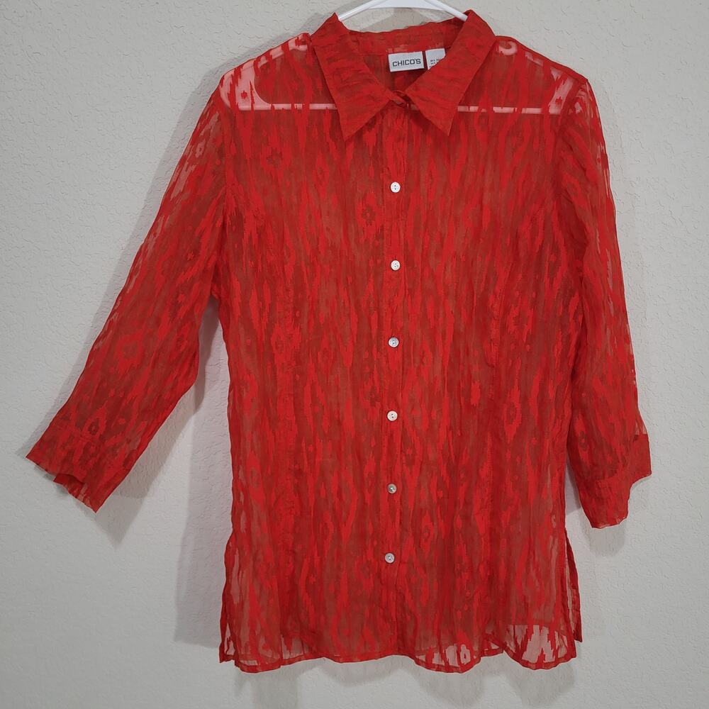 Chicos Womens Shirt Size Chicos 2 Standard Large 12 Red Button Front Sheer